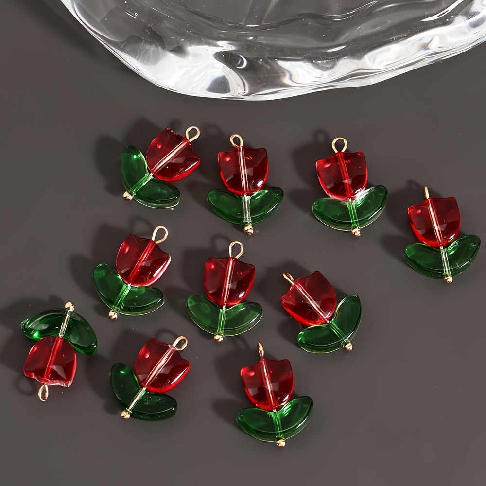10pcs Glass Tulip Flower Pendants with 3D Leaves Multicolor Necklace Charms